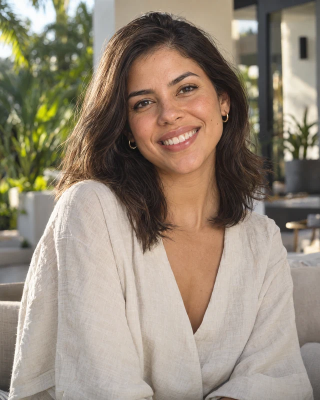 Smiling woman seated in a sunlit courtyard